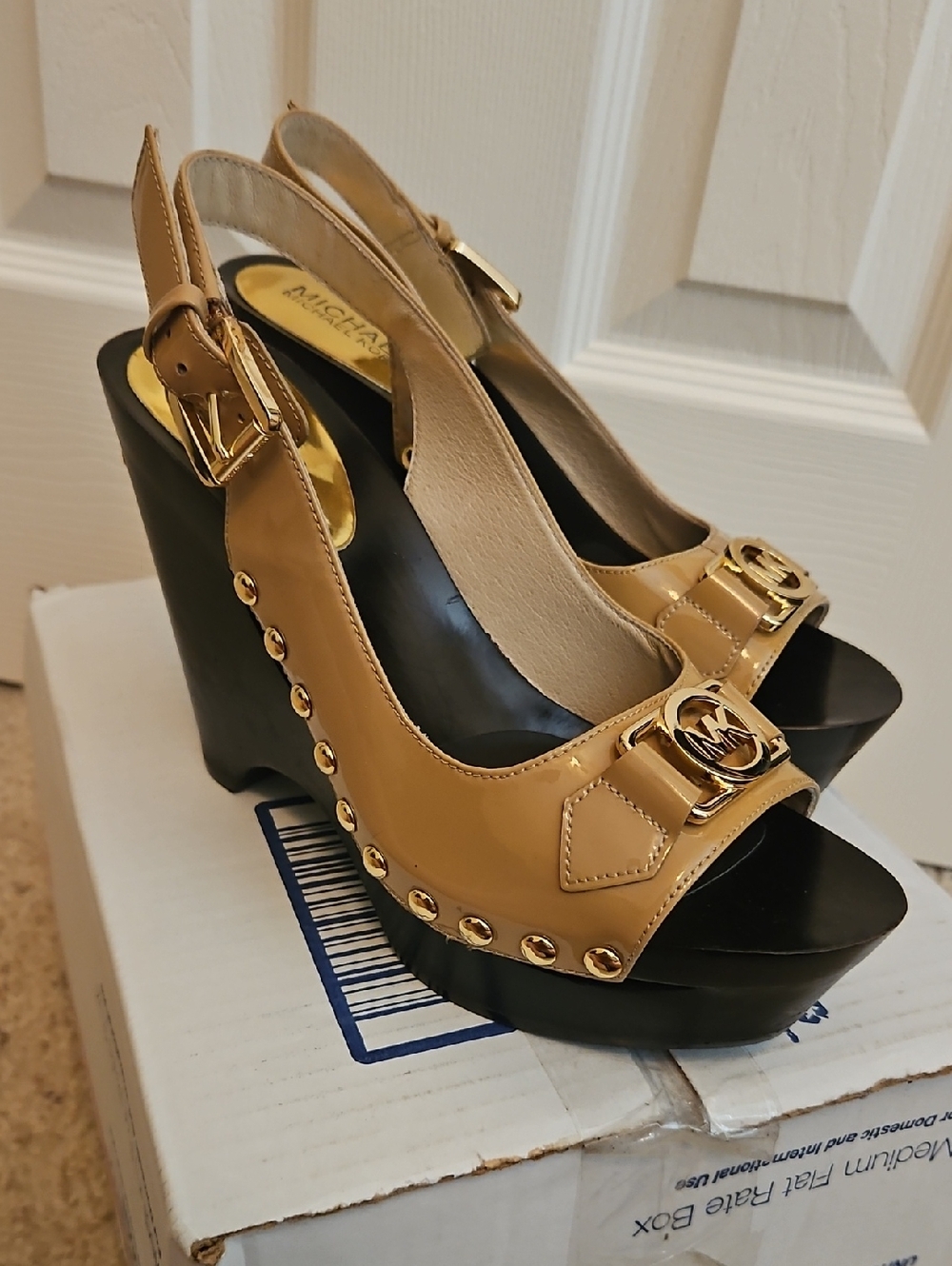 Michael Kors Gold-Tan Patent Wedge Slingbacks